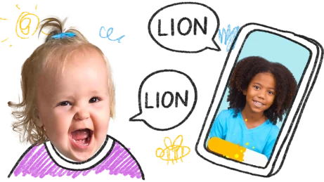 A child and an example of the Speech Blubs app on a phone.