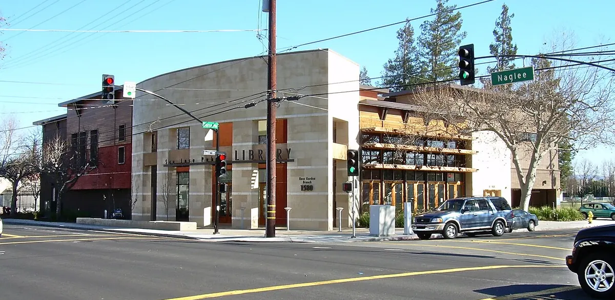 Exterior of Rose Garden Branch Library in San Jose.
