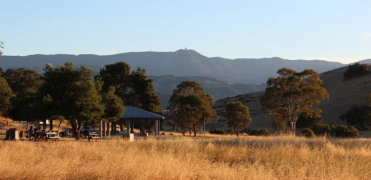 A picnic area and hills seen from Santa Teresa County Park in San Jose.