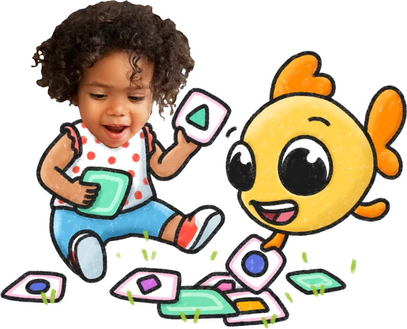 Ein Kind und Finny, das Speech-Blubs-Maskottchen, spielen mit bunten Formen.