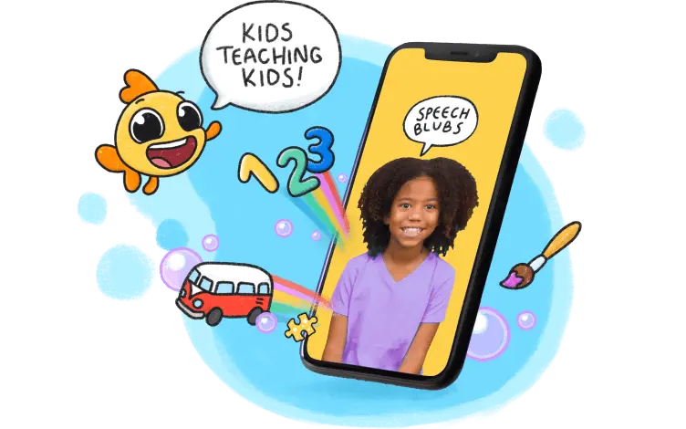 Speech Blubs app demonstration with a child modeling words on a phone screen